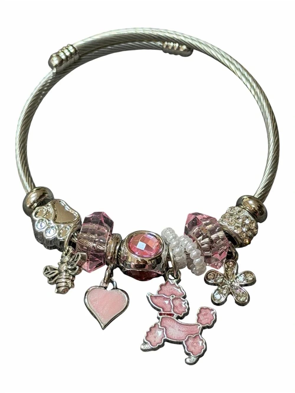 Pink Charm Adjustable Twisted Banglewith Enamel Heart & Poodle Charms